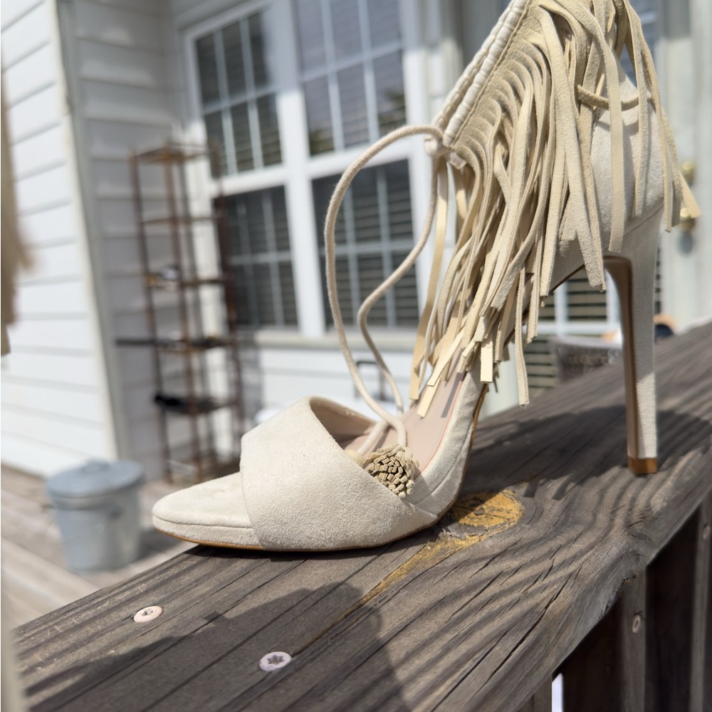 Fringe Cream Women's Sandals - Picture 9 of 16